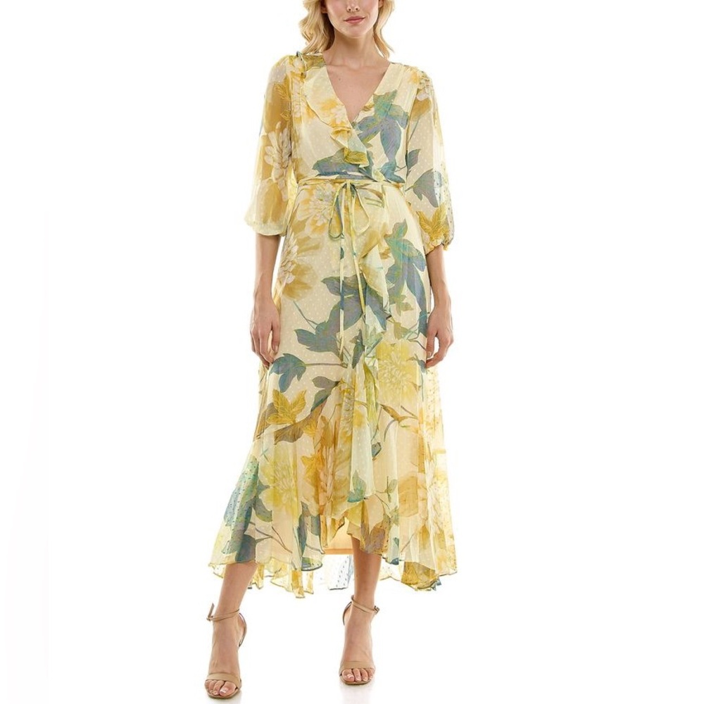 NWT Maison Tara Asymmetrical Hem Tiered Ruffle V-Neck Faux Wrap Midi Dress Sz 10 - Picture 11 of 11